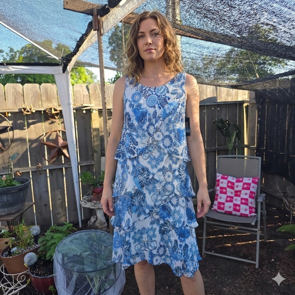 Robert Louis Blue & White Floral Tiered Midi Dress